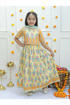 Ka-mee Girls Floral Printed Gotta Patti Cotton Ready to Wear Lehenga & Blouse With Dupatta