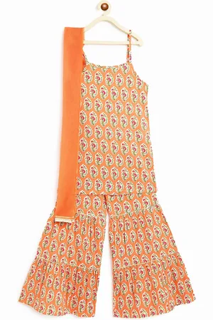 Campana Girls Ethnic Motifs Printed Regular Pure Cotton Kurta With Sharara & Dupatta