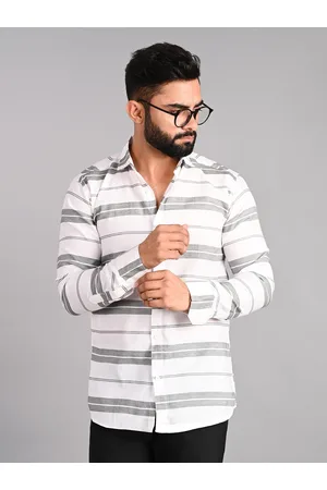 FUBAR Men White Slim Fit Horizontal Stripes Opaque Striped Formal Shirt