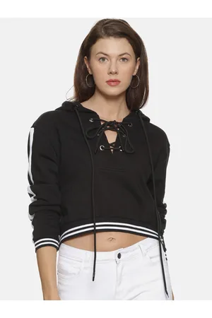 Campus Women Black Hooded Pure Cotton Cropped Pullover Sweatshirt