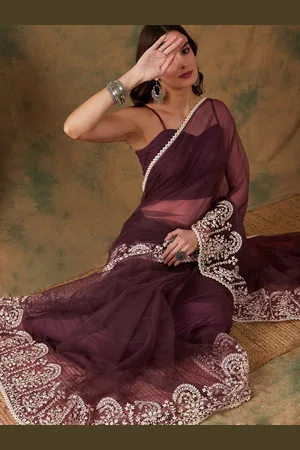 Sangria Women Floral Thread Embroidered Saree with Blouse Piece