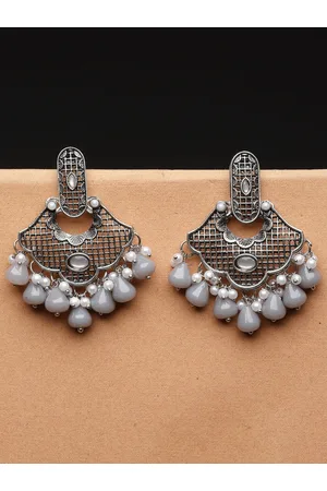 ADIVA Silver-Plated Pearl & Stone Studded Oxidised Drop Earrings
