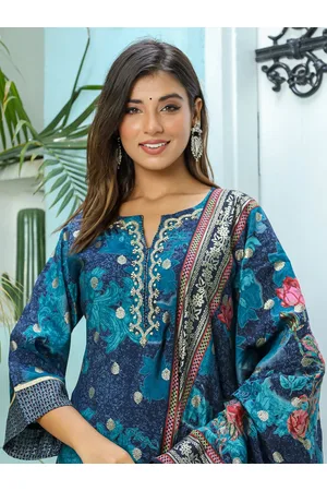 Sangria Blue Floral Printed Straight Pure Silk Straight Kurta & Trousers With Dupatta
