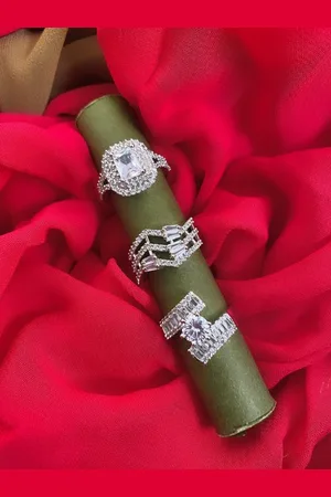 ATIBELLE Set of 3 Rhodium-Plated CZ-Studded Finger Rings