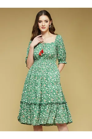 DressBerry Green Floral Printed Gathered Fit & Flare Dress