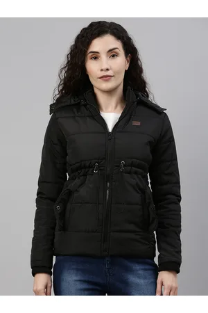 Campus Women Black Solid Hooded Padded Jacket