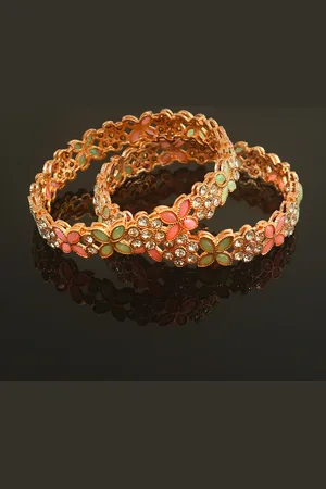Jewar Mandi Set Of 2 Rose Gold-Plated AD Stone-Studded Bangles