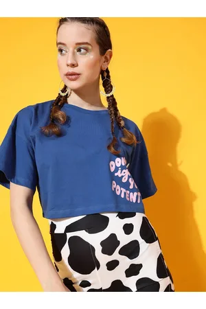 STREET 9 Women Blue Printed Bio Finish Oversized Pure Cotton Crop T-shirt