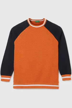 Benetton Boys Orange & Navy Blue Colourblocked Pullover
