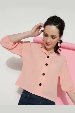 DressBerry Peach-Coloured Checked Cuban Collar Shirt Style Top
