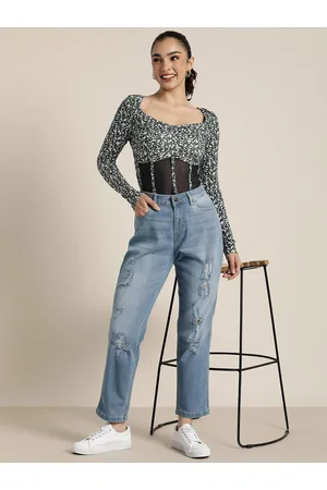 HERE&NOW Women Mom Fit High-Rise Highly Distressed Light Fade Stretchable Jeans