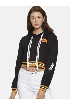 Campus Women Black Hooded Cotton Crop Pullover Sweatshirt