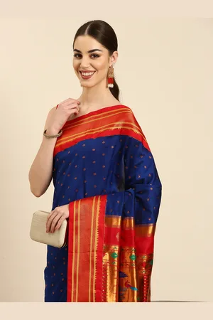 Varkala Silk Sarees Blue & Red Ethnic Motifs Zari Silk Blend Paithani Saree