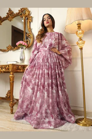Kalini Floral Printed Round Neck Flared Sleeves Pleated Maxi Dress