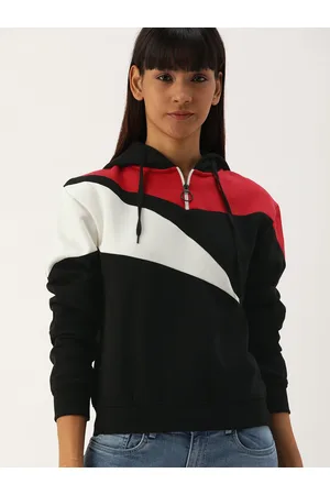 Campus Women Black & Red Colourblocked Hooded Pullover Sweatshirt