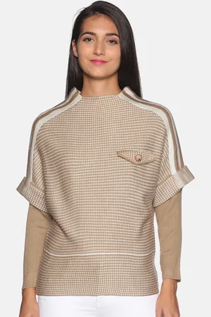 Campus Women Brown & White Cable Knit Printed Pullover