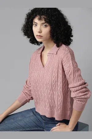 Roadster The Lifestyle Co. Cable Knit Shirt Collar Crop Pullover