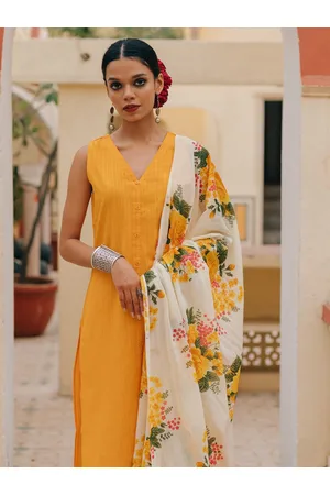 anayna Women Mustard Yellow & Green Pure Cotton Kurta with Palazzos & Dupatta