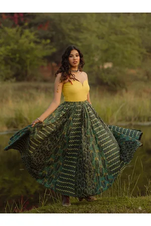anayna Green & Beige Printed Pure Cotton Maxi Flared Skirt