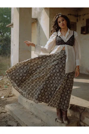 anayna Black & Beige Printed Flared Pure Cotton Maxi Skirt