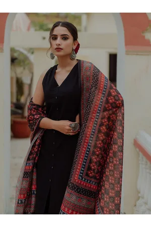 anayna Women Black Ethnic Motifs Pure Cotton Kurta with Palazzos & Dupatta