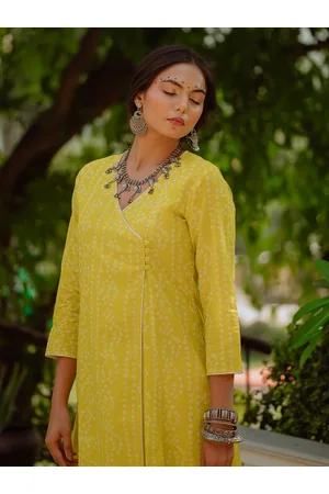 anayna Women Lime Green & Off White Bandhani Screen Print Cotton Angrakha Kurta