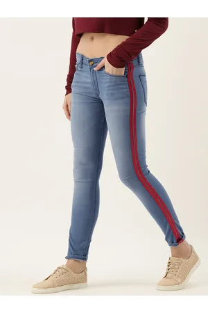 Campus Women Blue Cotton Slim Fit Mid-Rise Clean Look Jeans with Side Stripe