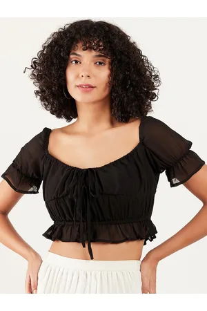 ATHENA Puff Sleeves Gathered Detailed Cinched Waist Crop Top