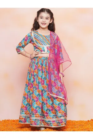 AJ DEZINES Girls Bandhani Printed Ready to Wear Cotton Lehenga & Blouse With Dupatta