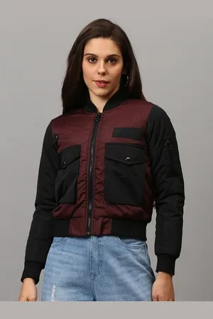 Campus Women Red Black Checked Windcheater Crop Outdoor Bomber Jacket