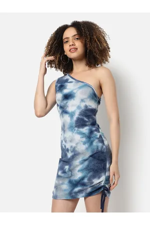 Campus Blue Tie and Dye Dyed One Shoulder Bodycon Mini Dress