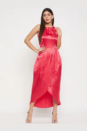 Color Cocktail Choker Neck Gathered Wrap Midi Dress