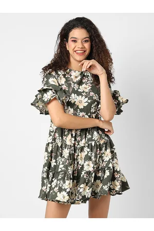 Campus Women Green Floral Printed A-Line Mini Dress