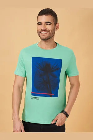 PEOPLE Men Green Floral Printed Mandarin Collar Slim Fit T-shirt