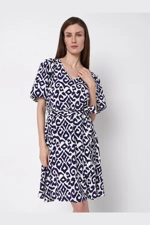 VERO MODA Ethnic Printed V-Neck Puff Sleeves Fit & Flare Dress