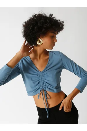 Campus Blue Ruched Pure Cotton Crop Top