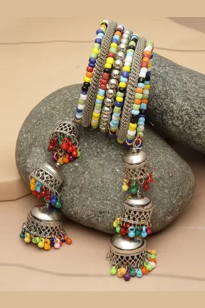 PANASH Set Of 7 Beaded Silver Bangles