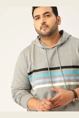 Sztori Men Plus Size Grey Melange Striped Hooded Sweatshirt