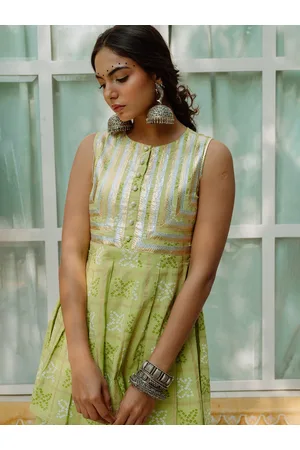 anayna Women Green & White Bandhani Printed Kurta with Palazzos