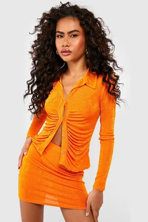 Boohoo Textured Slinky Ruched Shirt & Mini Skirt
