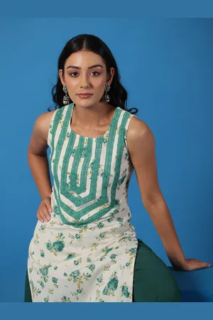anayna Women Sea Green Floral Printed Regular Kurta with Dhoti Pants