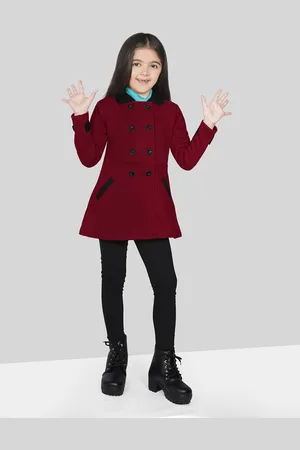 naughty ninos Girls Maroon & Black Solid Double Breasted Pea Coat
