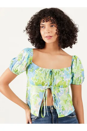 ATHENA Floral Printed Square Neck Puff Sleeve Tie-Up Regular Crop Top
