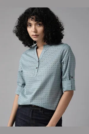 Roadster The Lifestyle Co. Geometric Printed Roll-Up Sleeves Pure Cotton Shirt Style Top