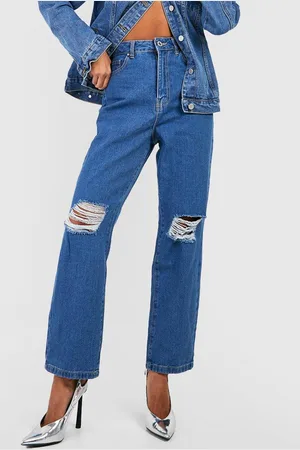 Boohoo Women Straight Fit High-Rise Slash Knee Jeans