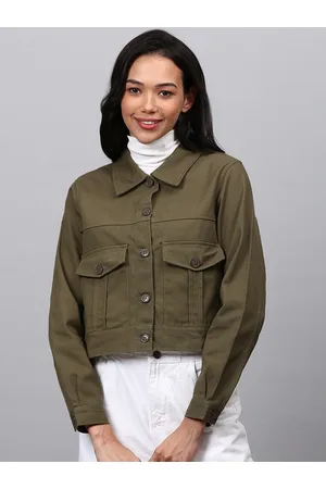 Campus Women Olive Green Checked Windcheater Crop Outdoor Denim Jacket