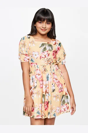 AND Girls Floral Printed Square Neck Puff Sleeve Gathered Fit & Flare Dress