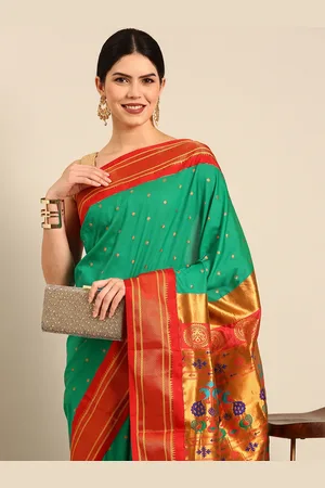 Varkala Silk Sarees Green & Red Ethnic Motifs Zari Silk Blend Paithani Saree