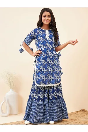 Stylo Bug Girls Floral Printed Regular Gotta Patti Pure Cotton Kurti with Sharara