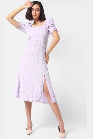 Campus Purple Smocked Crepe A-Line Midi Dress